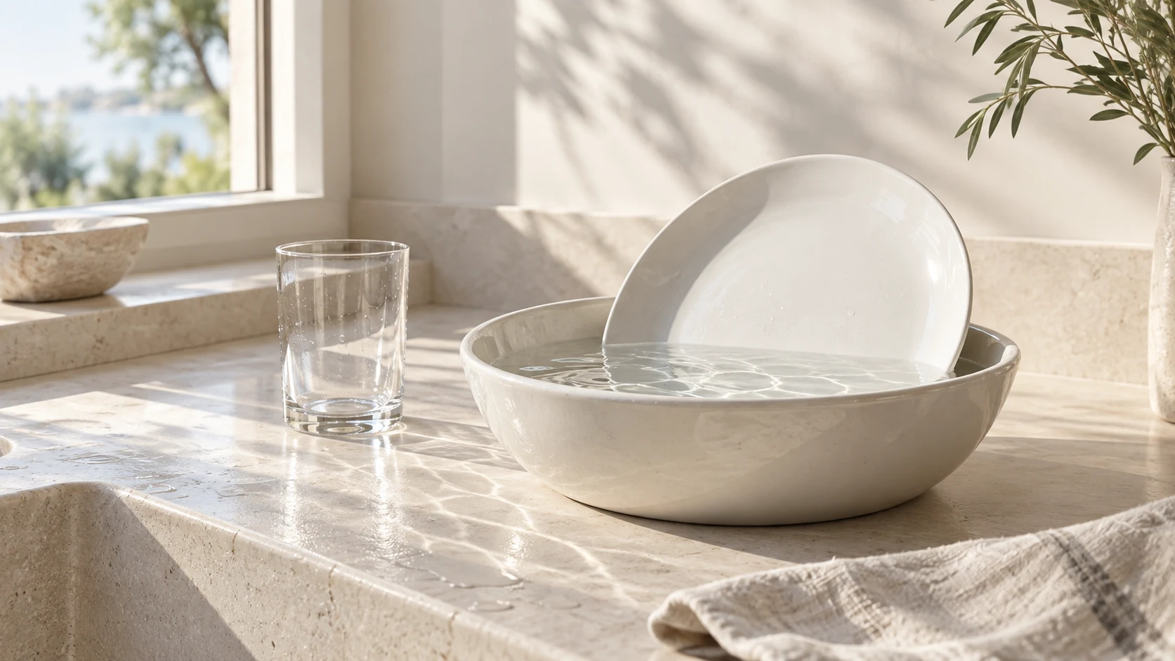 Clean white porcelain, clear water and a sunlit kitchen window